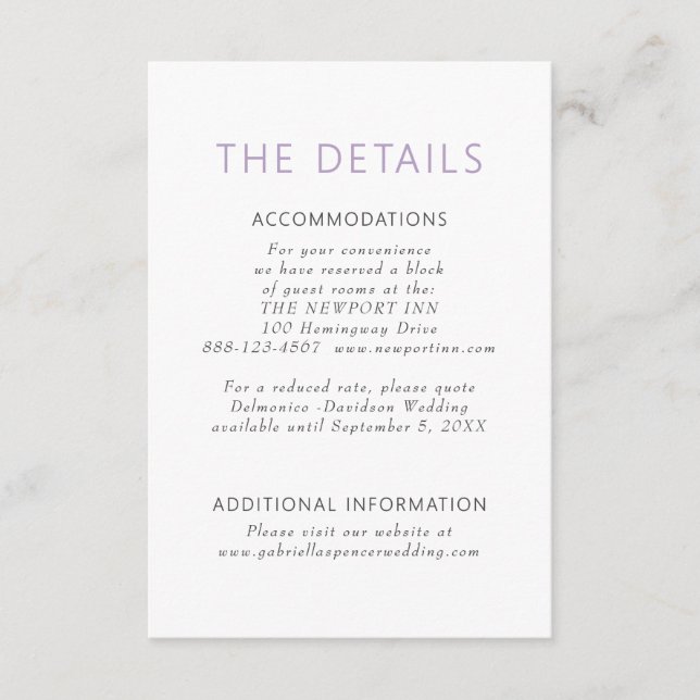 Simple Modern Dusty Purple Wedding Details  Enclosure Card (Front)