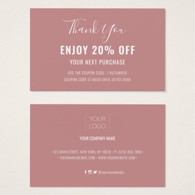 Simple Modern Dusty Rose Discount Coupon Card (Front & Back)