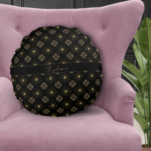 Simple Modern Elegant Black and Blush Monogram Round Cushion