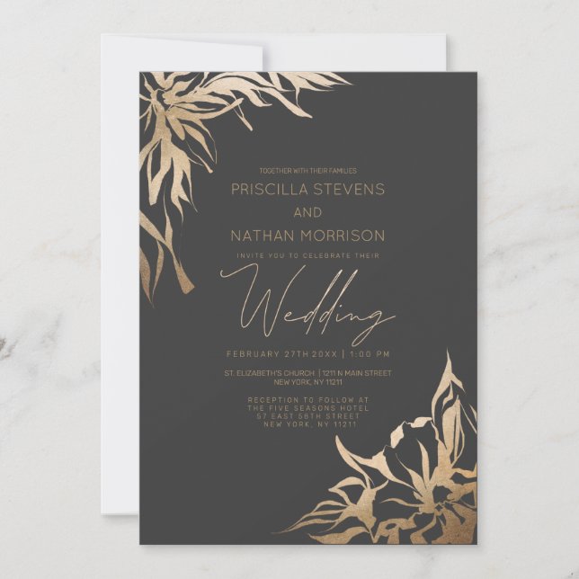 Simple Modern Elegant Black Gold Flora Wedding Invitation (Front)