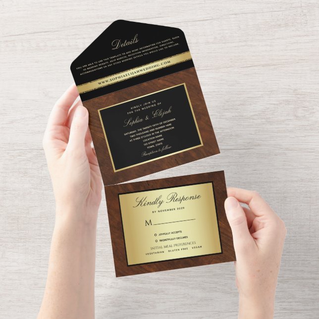 Simple Modern Elegant Black Gold Wedding All In One Invitation (Tearaway)