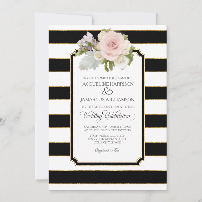 Simple Modern Elegant Black White Stripe w Gold Invitation (Front)