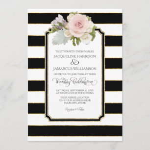 Simple Modern Elegant Black White Stripe w Gold Invitation