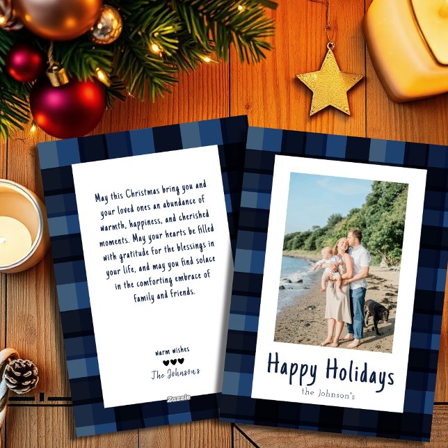 Simple Modern Elegant Blue Plaid Christmas Happy Holiday Card (Creator Uploaded)