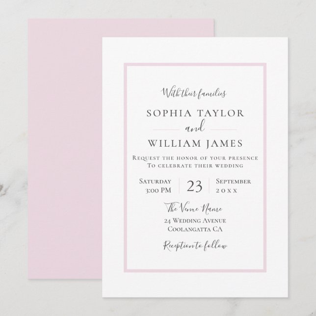 Simple Modern Elegant Blush Border Wedding Invitation (Front/Back)