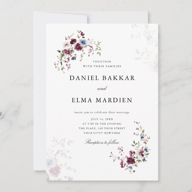 Simple Modern Elegant Burgundy Boho Floral Wedding Invitation (Front)