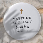 Simple Modern Elegant Cross Baby Baptism 6 Cm Round Badge<br><div class="desc">Design is composed of simple typography with sans serif and serif font.</div>