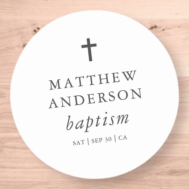 Simple Modern Elegant Cross Baby Baptism Classic Round Sticker (Creator Uploaded)