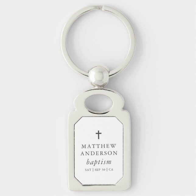 Simple Modern Elegant Cross Baby Baptism Key Ring (Front)