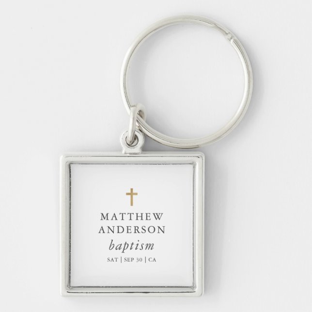 Simple Modern Elegant Cross Baby Baptism Key Ring (Front)
