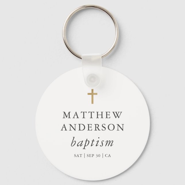 Simple Modern Elegant Cross Baby Baptism Key Ring (Front)