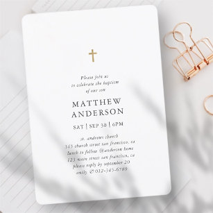 Simple Modern Elegant Cross Baby Boy Baptism Invitation