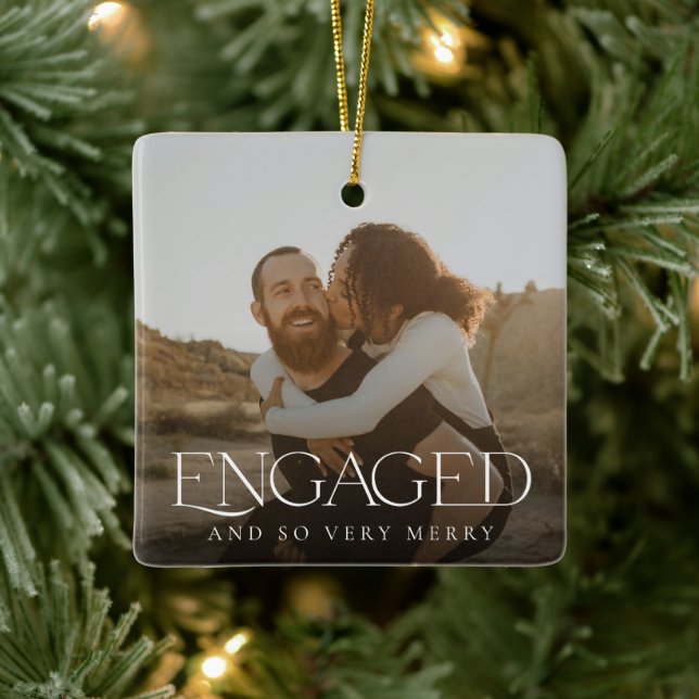 Simple Modern Elegant Engaged 2 Photo Christmas Ceramic Ornament (Tree)
