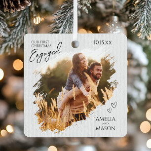 Simple Modern Elegant Engaged Photo Christmas Metal Tree Decoration