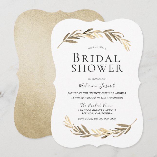 Simple Modern Elegant Gold Leaf Bridal Shower Invitation (Front/Back)