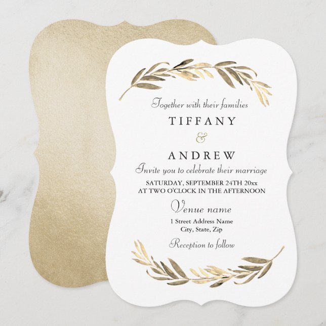 Simple Modern Elegant Gold Leaf Wedding Invitation (Front/Back)