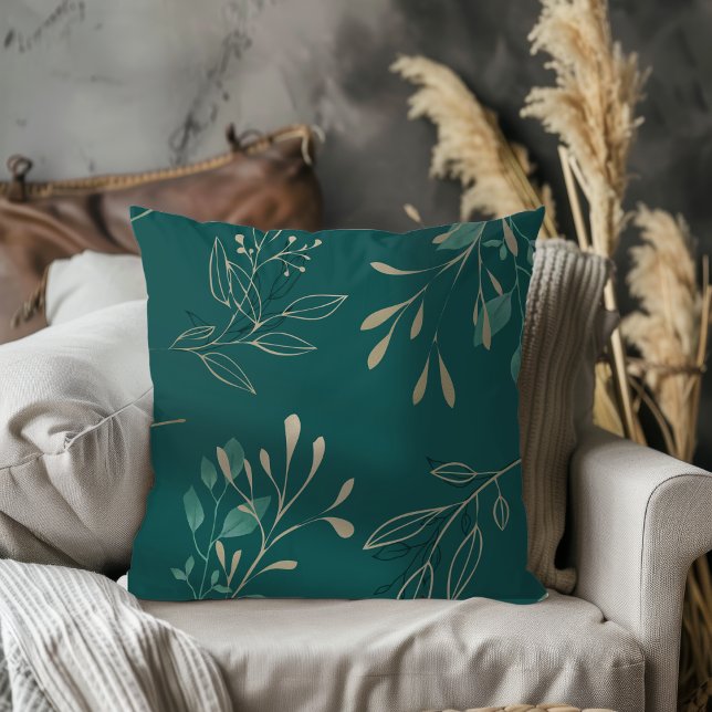 Simple Modern Elegant Leaves Dark Teal Cushion (Creator Uploaded)
