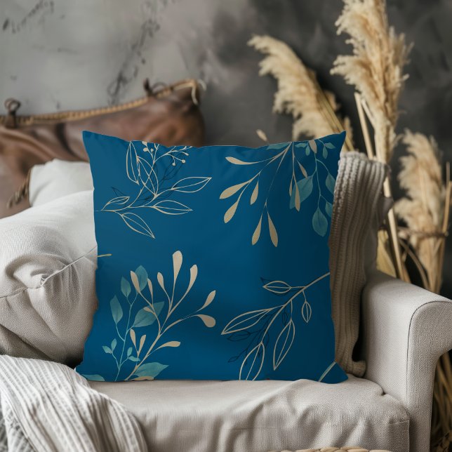 Simple Modern Elegant Leaves Ocean Blue Cushion (Creator Uploaded)