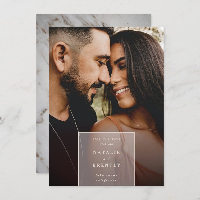 Simple Modern Elegant Marble & Photo Overlay Save The Date (Front/Back)