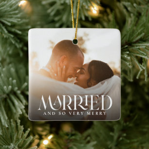 Simple Modern Elegant Married 2 Photo Christmas Ceramic Ornament