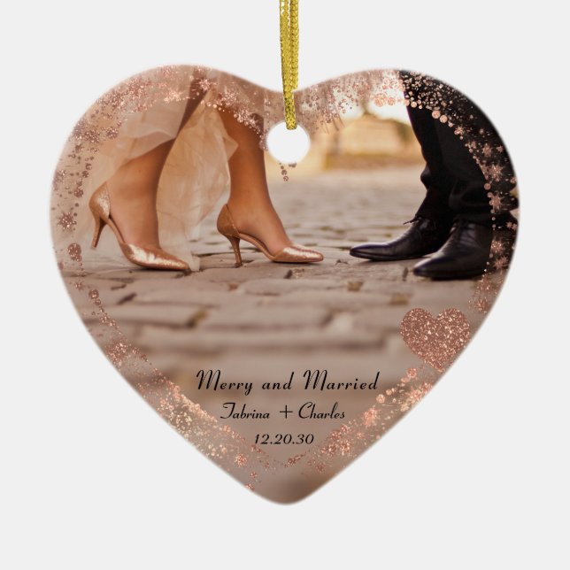 Simple Modern Elegant Married 2 Photo Christmas  Ceramic Tree Decoration (Front)