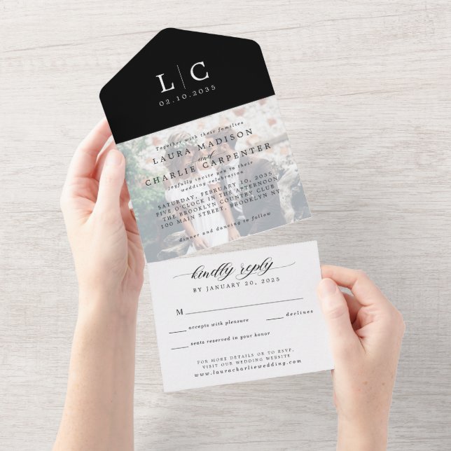 Simple Modern Elegant Monogram Photo RSVP Wedding  All In One Invitation (Tearaway)
