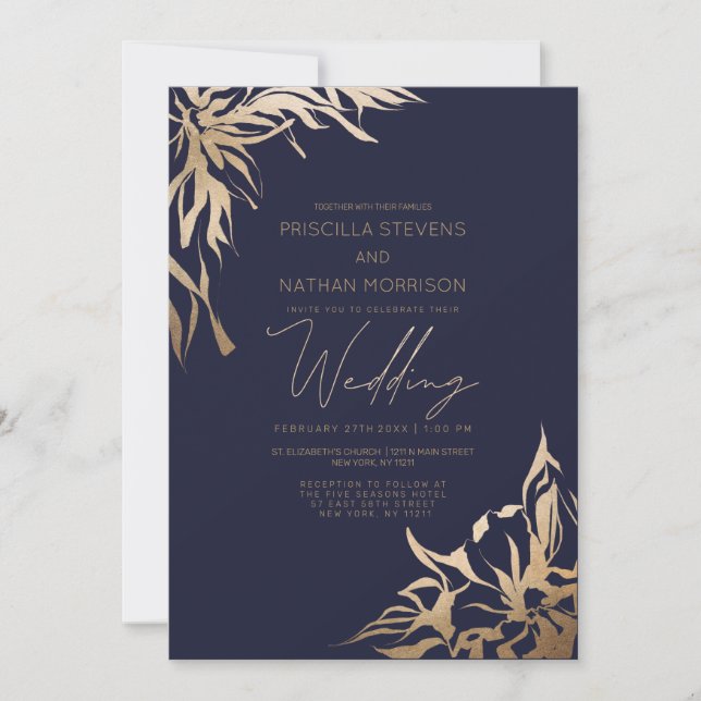 Simple Modern Elegant Navy Gold Flora Wedding Invitation (Front)