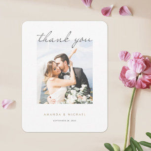 Simple Modern Elegant Script Gold Photo Wedding Thank You Card