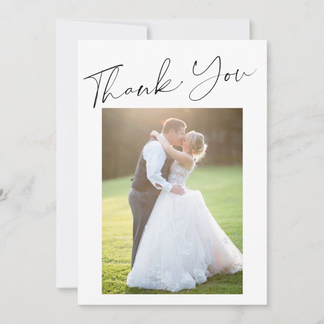Simple modern elegant script photo wedding thank you card (Front)