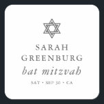 Simple Modern Elegant Star of David Bat Mitzvah Square Sticker<br><div class="desc">Design is composed of sans serif typography and playful cursive script typography on a simple background. 

Available here:
http://www.zazzle.com/store/selectpartysupplies</div>