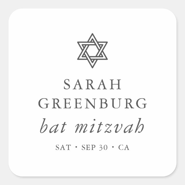 Simple Modern Elegant Star of David Bat Mitzvah Square Sticker (Front)