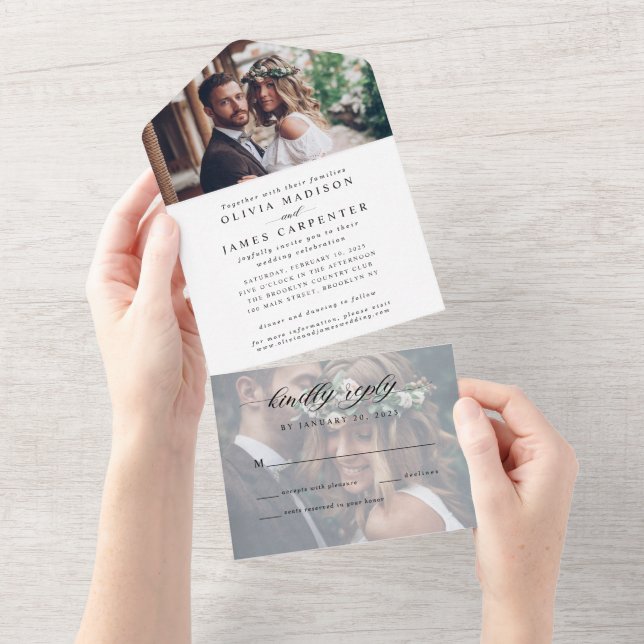 Simple Modern Elegant Stylish 2 Photo RSVP Wedding All In One Invitation (Tearaway)