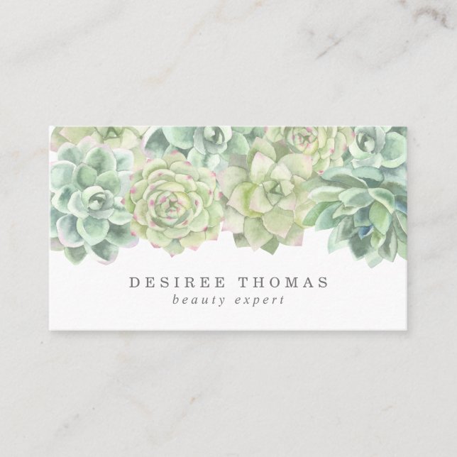 Simple Modern Elegant Watercolor Succulents Business Card (Front)