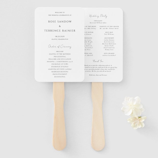 Simple Modern Elegant Wedding Program Hand Fan (Front and Back)
