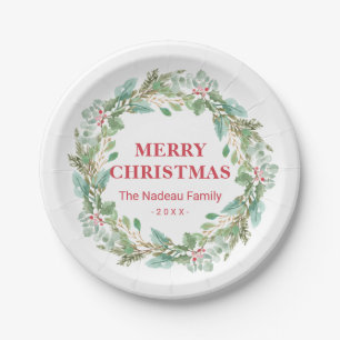 Simple Modern Elegant Wreath Merry Christmas Paper Plate