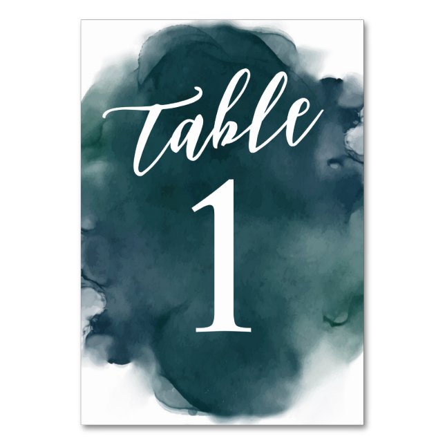 Simple Modern Emerald Blue Green Watercolor Table Number (Front)