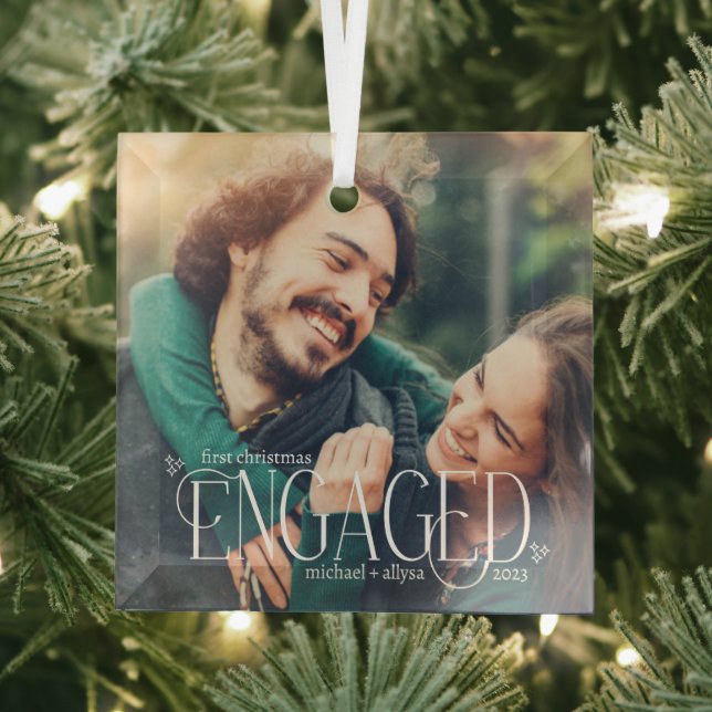 Simple Modern Engaged Overlay Photo First Xmas Glass Tree Decoration (Insitu)