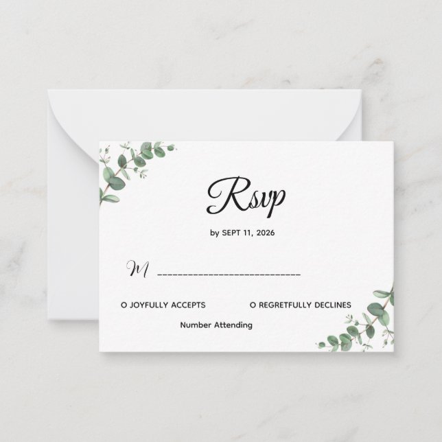 Simple Modern Eucalyptus Greenery Wedding RSVP Car Card (Front)