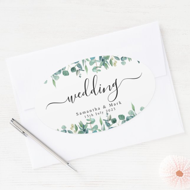 Simple Modern Eucalyptus Wedding Oval Sticker (Envelope)