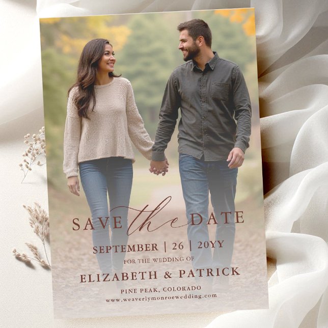 Simple Modern Fall Terracotta Modern Photo Wedding Save The Date (simple fall wedding photo save the date card template calligraphy typography modern minimalist )
