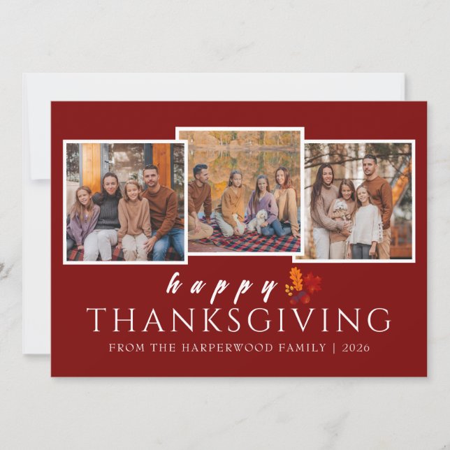 Simple Modern Fall thanksgiving family 3 photo Holiday Card (Front)
