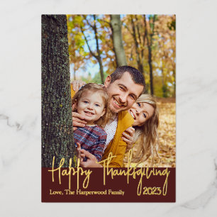 Simple Modern Fall Thanksgiving family Photo Foil Holiday Card