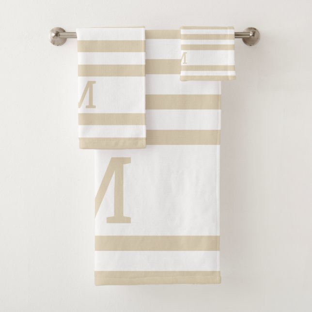 Simple Modern Family Monogram Beige Striped Bath Towel Set (Insitu)