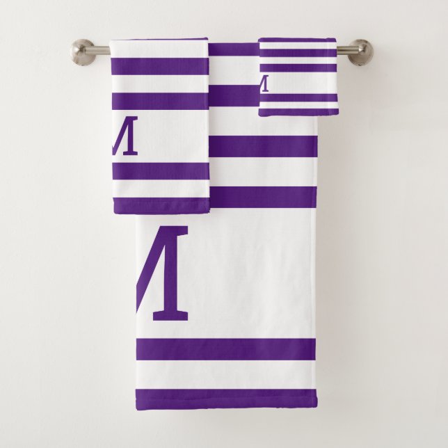 Simple Modern Family Monogram Striped Purple Bath Towel Set (Insitu)