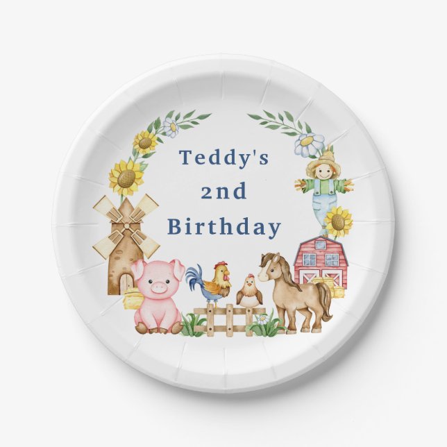 Simple modern farmyard kids birthday  paper plate (Front)