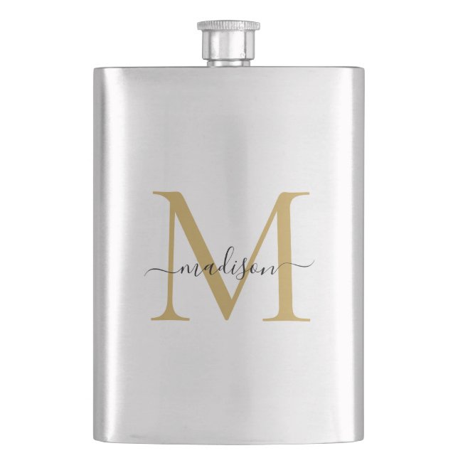 Simple Modern Faux Gold Monogram Girly Script Name Hip Flask (Front)