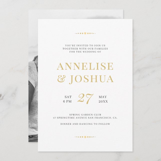 Simple modern faux gold script photo wedding invitation (Front/Back)