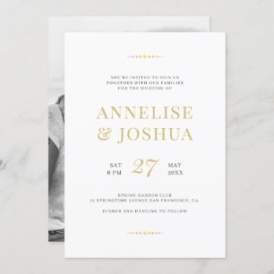 Simple modern faux gold script photo wedding invitation