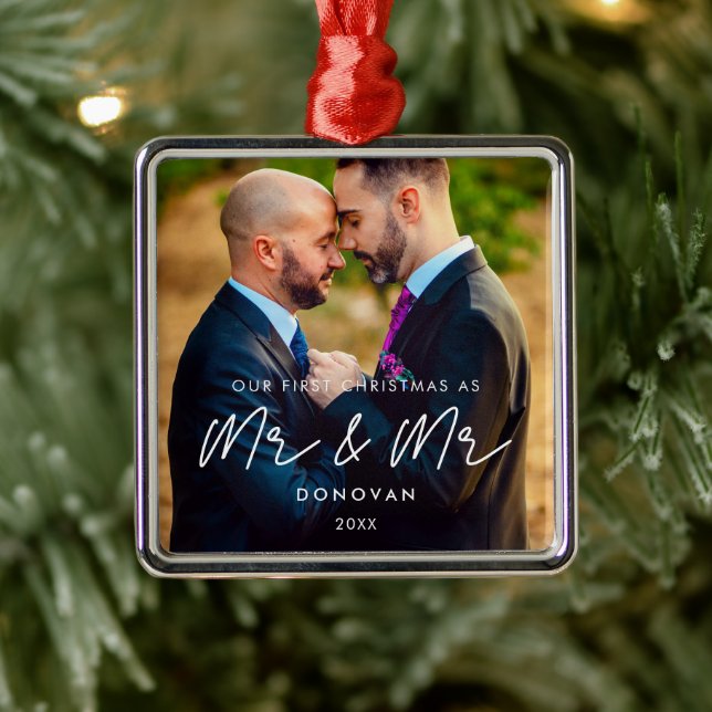 Simple Modern First Christmas as Mr & Mr Photo Metal Tree Decoration (Tree)