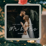 Simple Modern First Christmas as Mr & Mrs Photo Metal Tree Decoration<br><div class="desc">Our first Christmas as Mr and Mrs,  newlywed milestone photo ornament. A modern typography for this photo ornaments collection. To customise with your favourite picture. You can also easily change the colour of the font to your liking.</div>